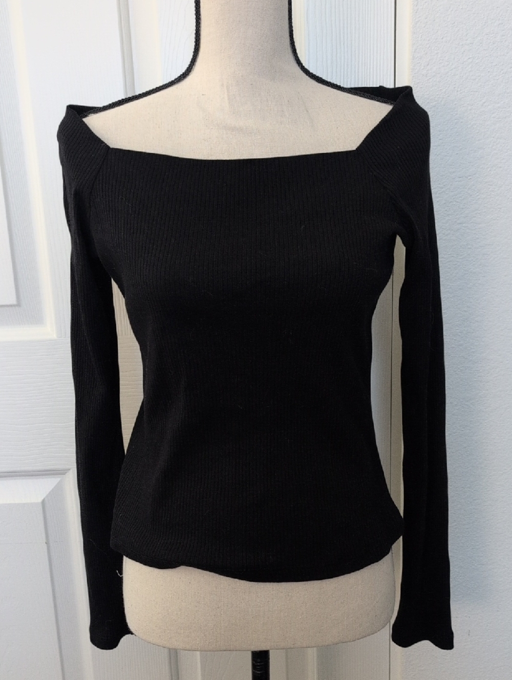 Zara Black Square Neck Ribbed Long Sleeve Top